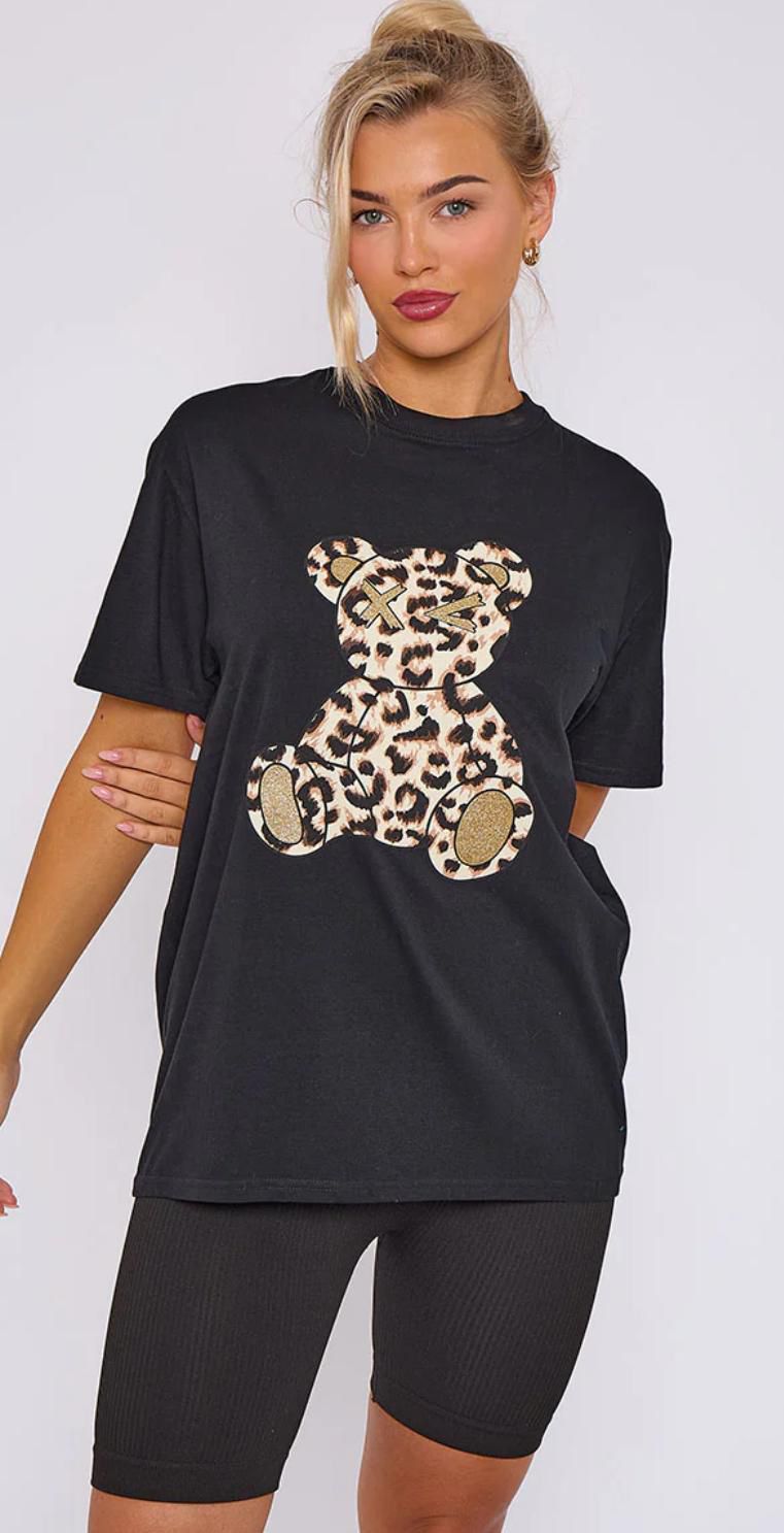 Women’s Ladies short Sleeve Leopard Teddy Graphic Round Neck OverSized Baggy T-Shirt Top - Remzs Fashion