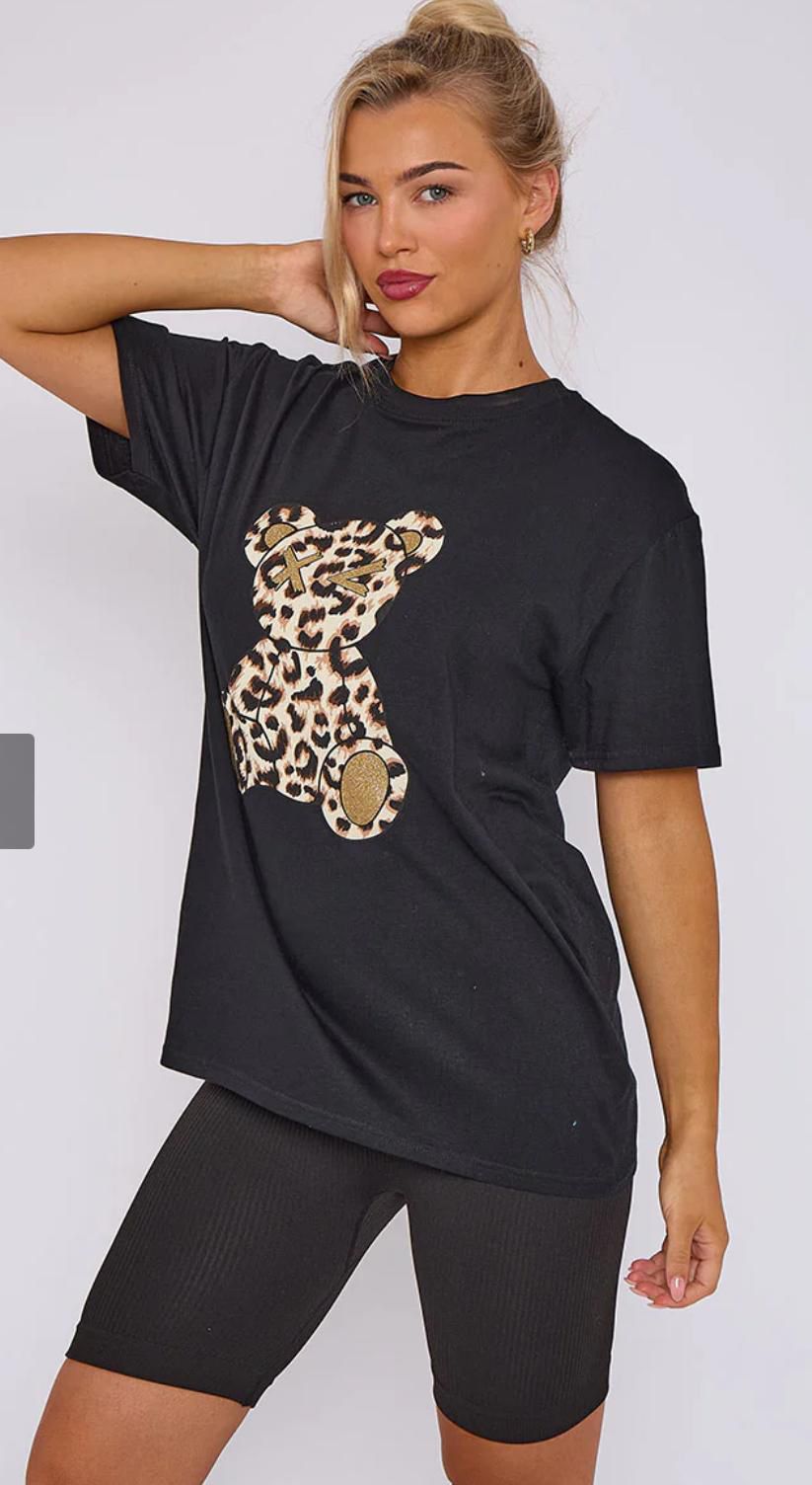 Women’s Ladies short Sleeve Leopard Teddy Graphic Round Neck OverSized Baggy T-Shirt Top - Remzs Fashion