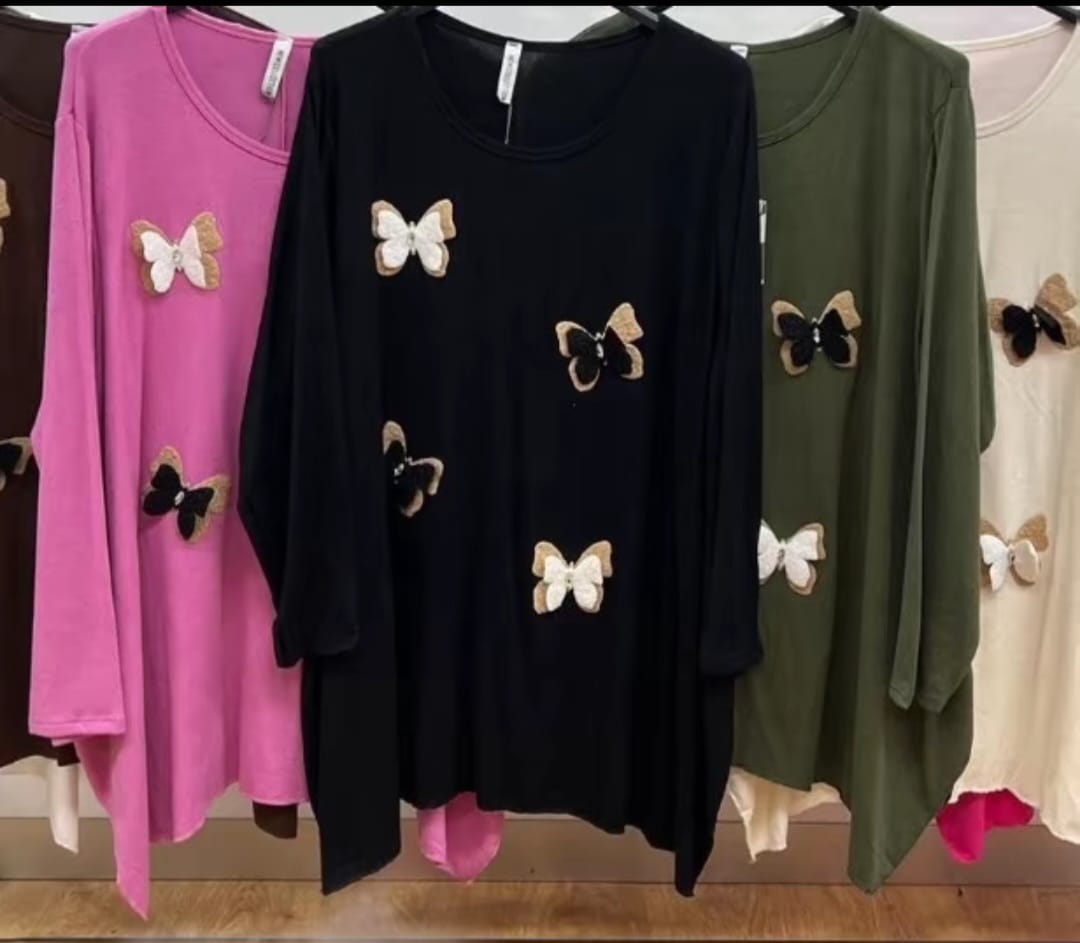 Womens lana wool top 3D buterfly jumper top soft fine wool hanky hem swing t-shirt 14 - 24 long line womens wear comfort - Remzs Fashion