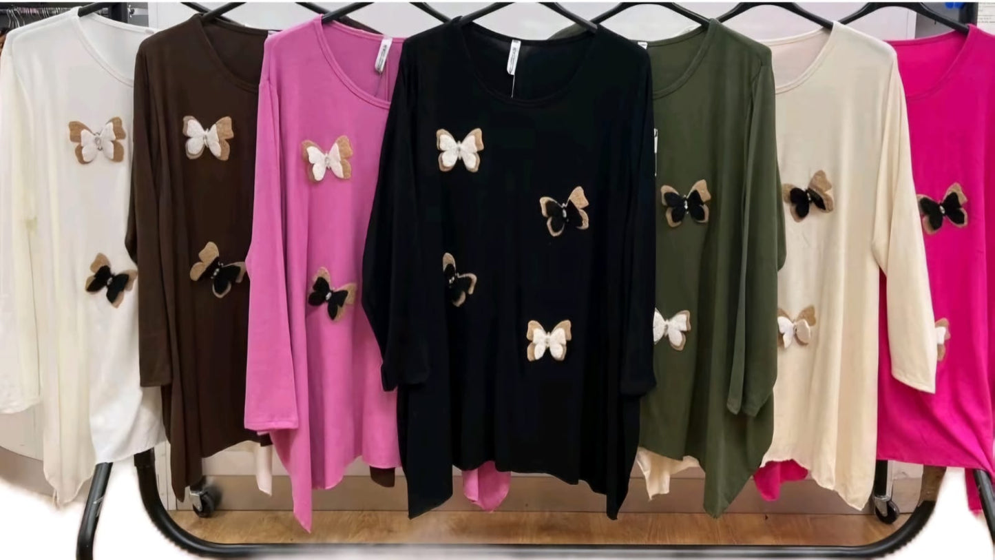 Womens lana wool top 3D buterfly jumper top soft fine wool hanky hem swing t-shirt 14 - 24 long line womens wear comfort - Remzs Fashion
