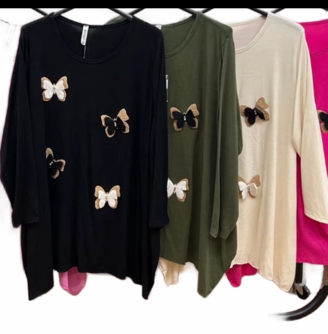 Womens lana wool top 3D buterfly jumper top soft fine wool hanky hem swing t-shirt 14 - 24 long line womens wear comfort - Remzs Fashion