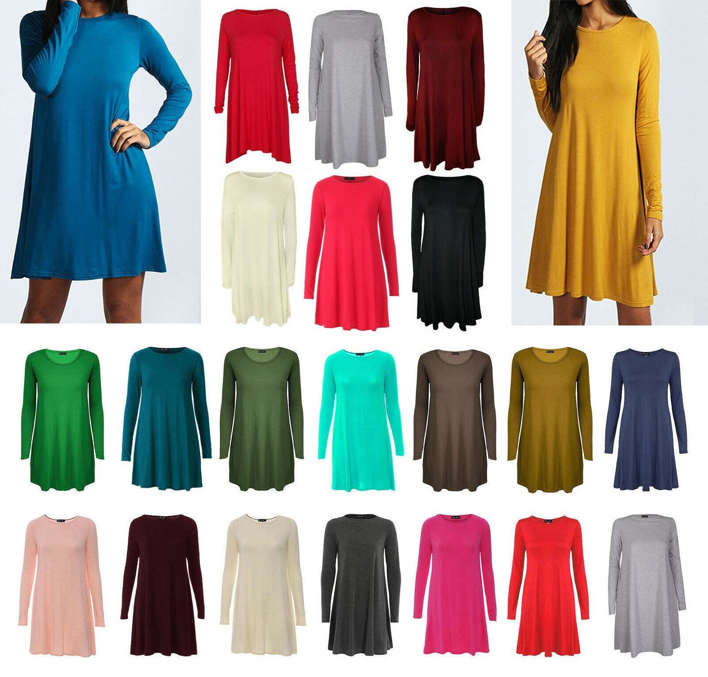 Womens Long Sleeve Skater Swing Dress - Remzs Fashion