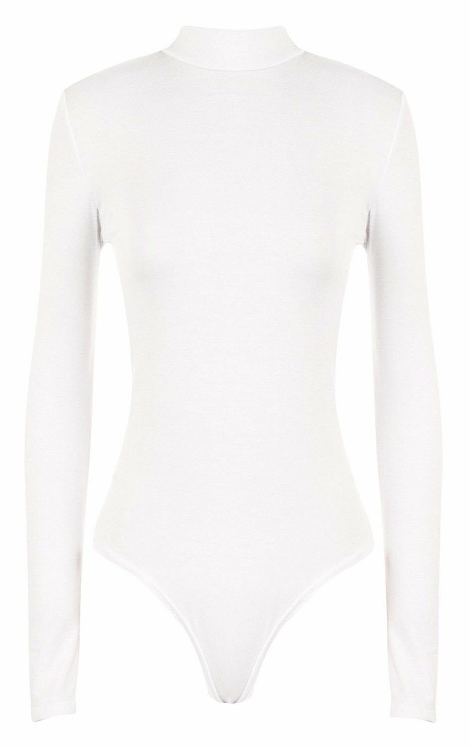 Womens Long Sleeves Plain Polo Neck Leotard Bodysuit - Remzs Fashion