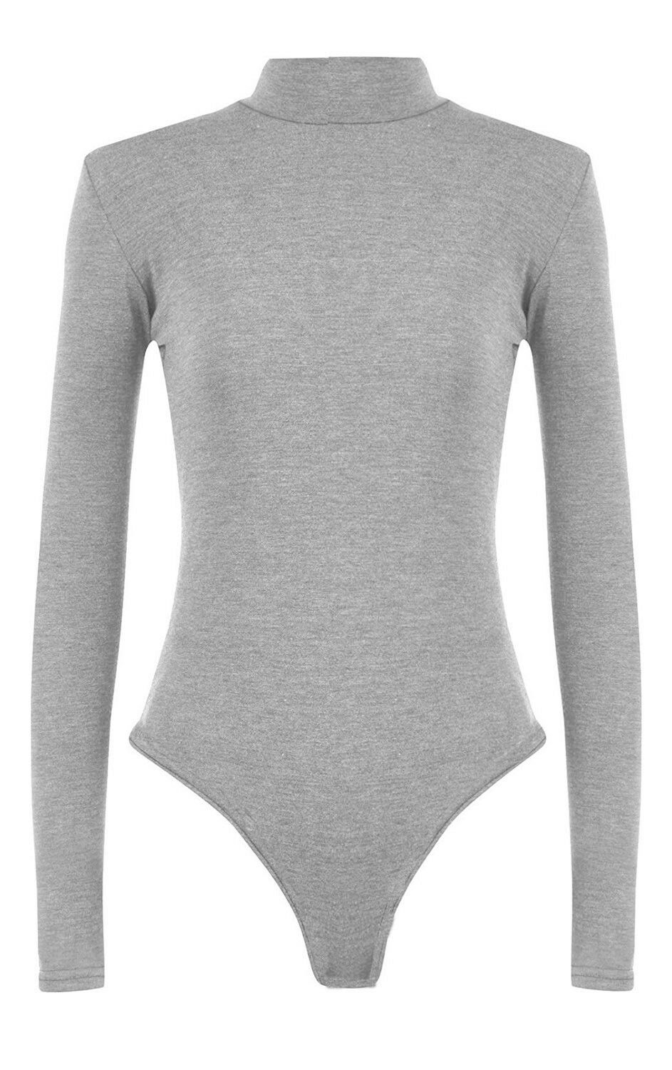 Womens Long Sleeves Plain Polo Neck Leotard Bodysuit - Remzs Fashion