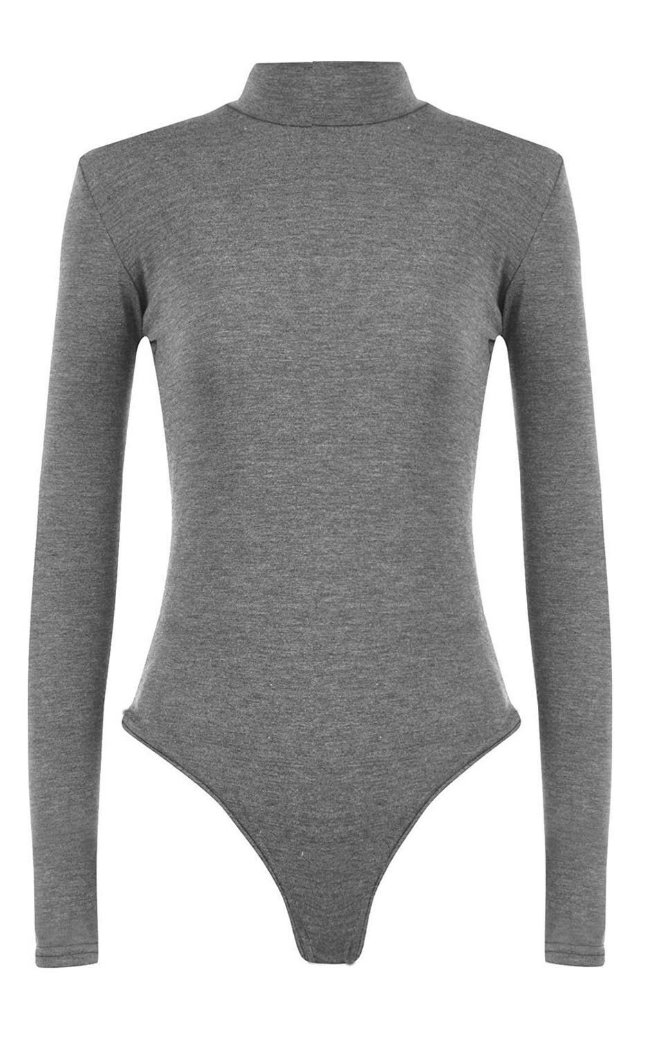 Womens Long Sleeves Plain Polo Neck Leotard Bodysuit - Remzs Fashion