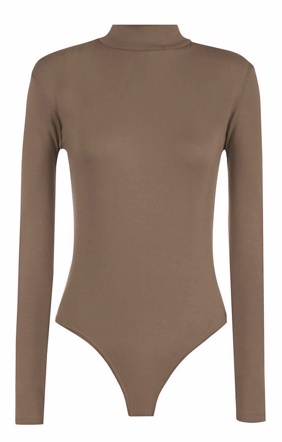 Womens Long Sleeves Plain Polo Neck Leotard Bodysuit - Remzs Fashion