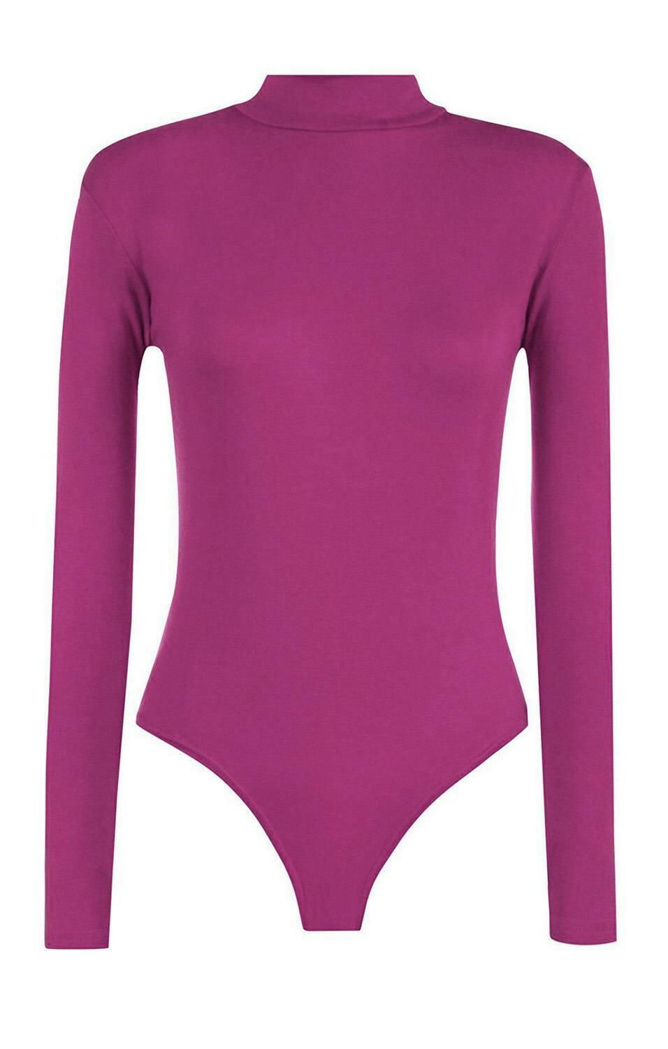 Womens Long Sleeves Plain Polo Neck Leotard Bodysuit - Remzs Fashion
