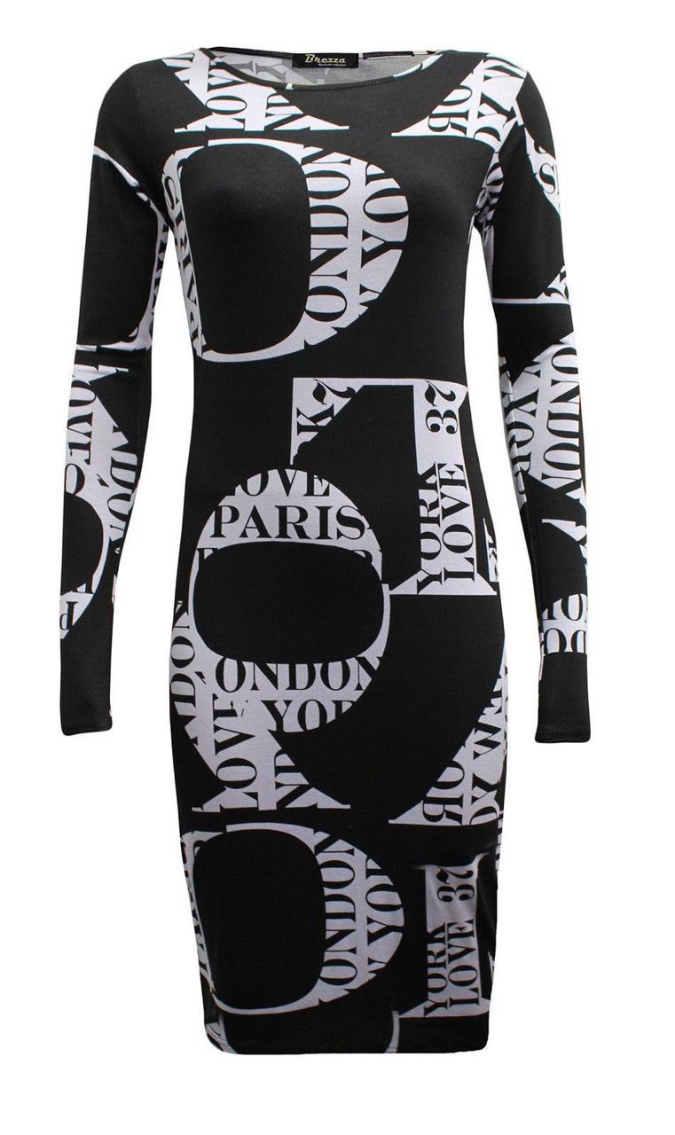 Womens Long Sleeves Printed Midi Bodycon Dress - Remzs Fashion