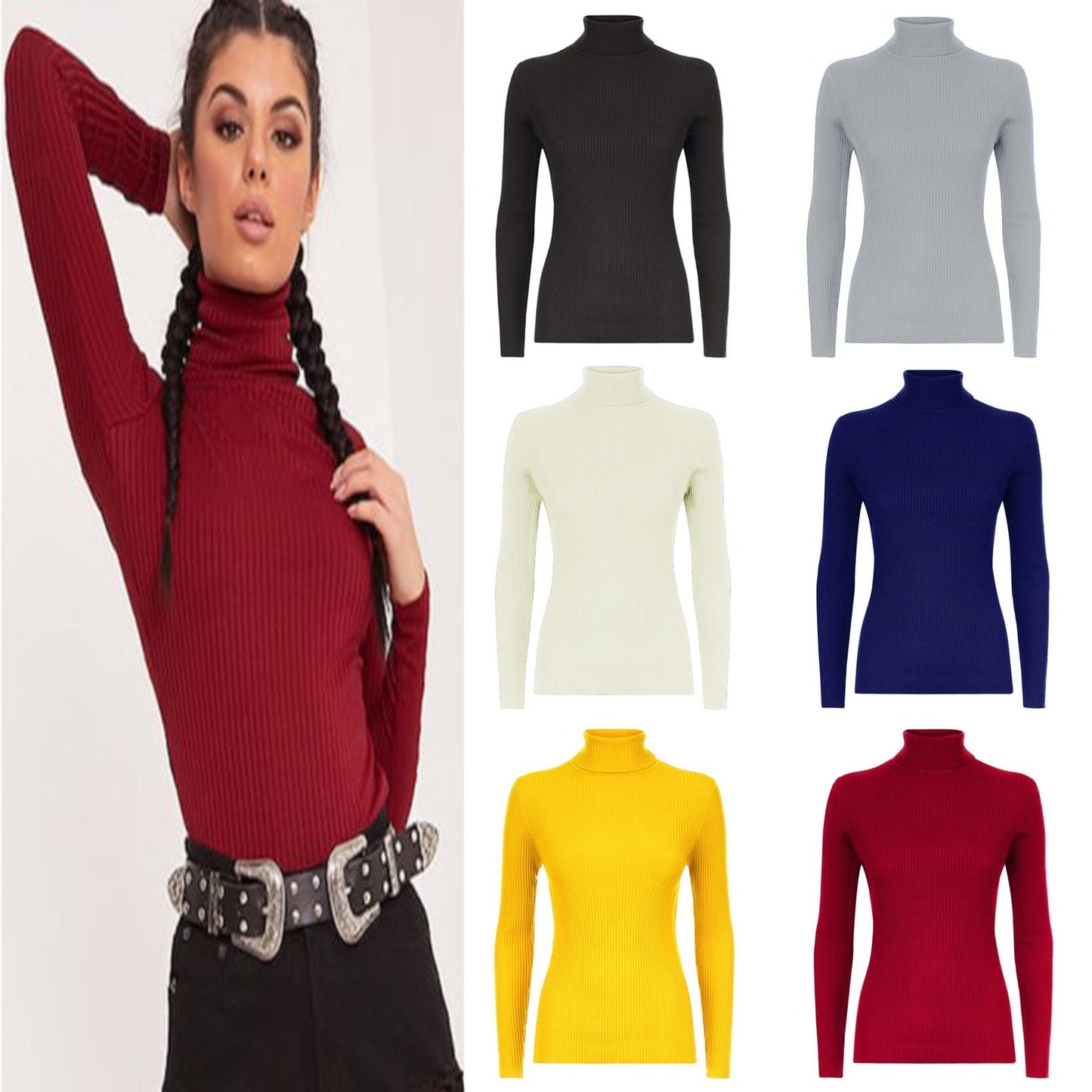 Womens Long Sleeves Ribbed Turtle Polo Neck Top ; Material: 95% Polyester 5% Elastane - Remzs Fashion