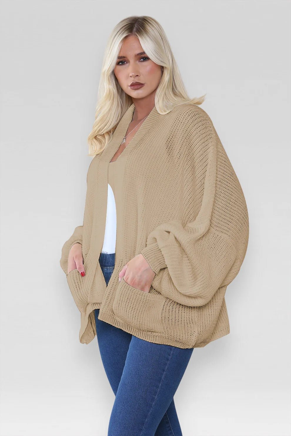 Women's Oversized Cropped Balloon Sleeve Chunky Knitted Cardigan with Pockets - Remzs Fashion
