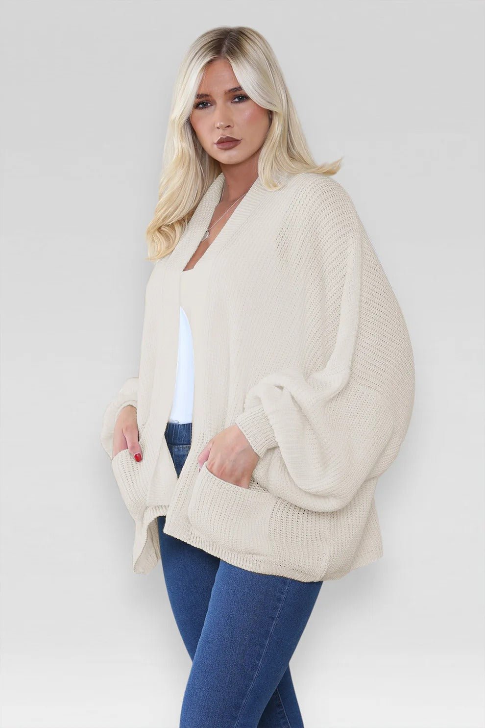 Women's Oversized Cropped Balloon Sleeve Chunky Knitted Cardigan with Pockets - Remzs Fashion