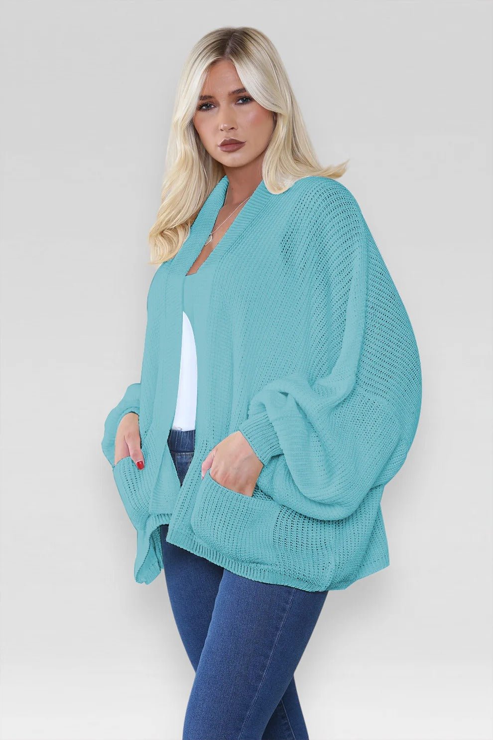 Women's Oversized Cropped Balloon Sleeve Chunky Knitted Cardigan with Pockets - Remzs Fashion