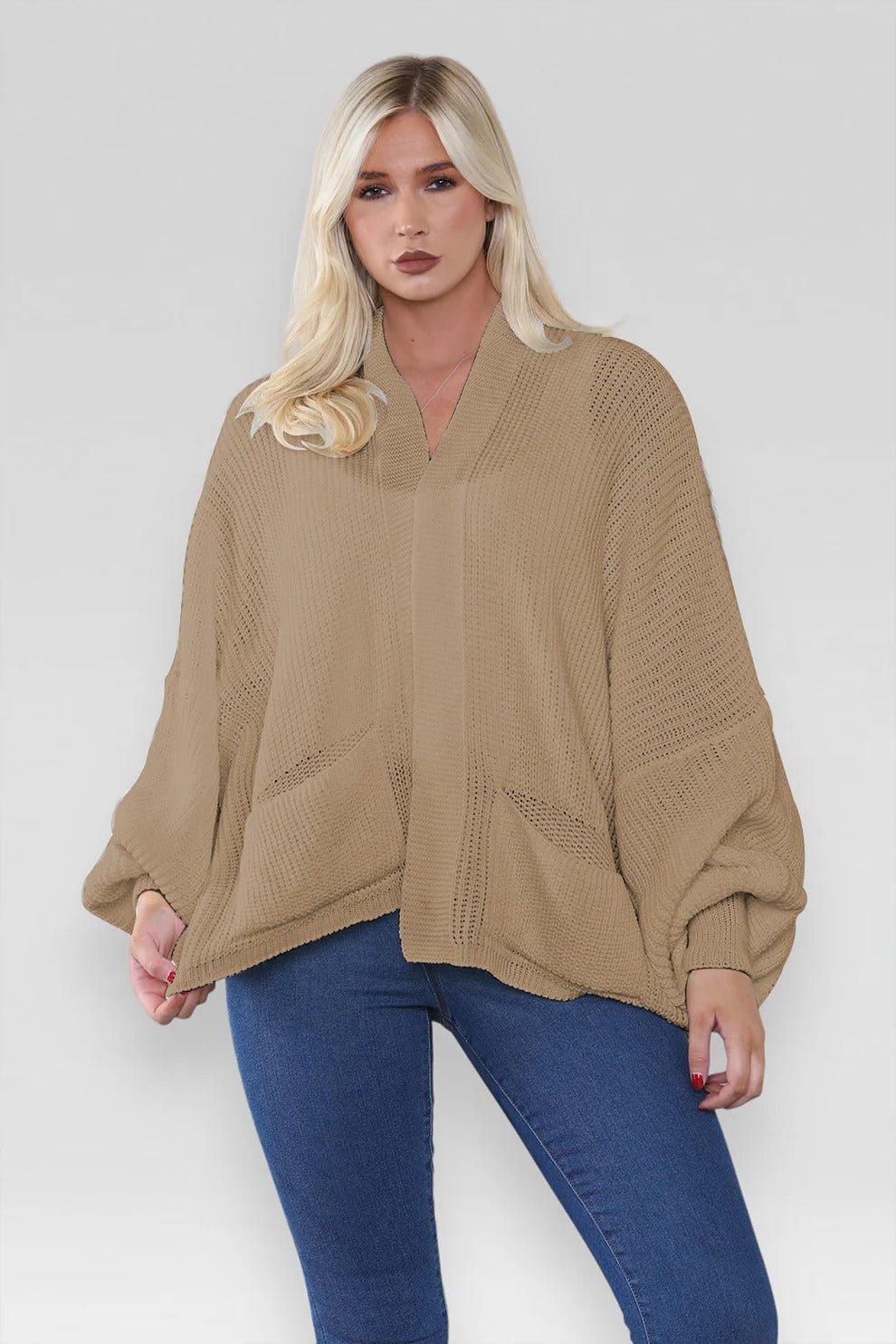 Women's Oversized Cropped Balloon Sleeve Chunky Knitted Cardigan with Pockets - Remzs Fashion