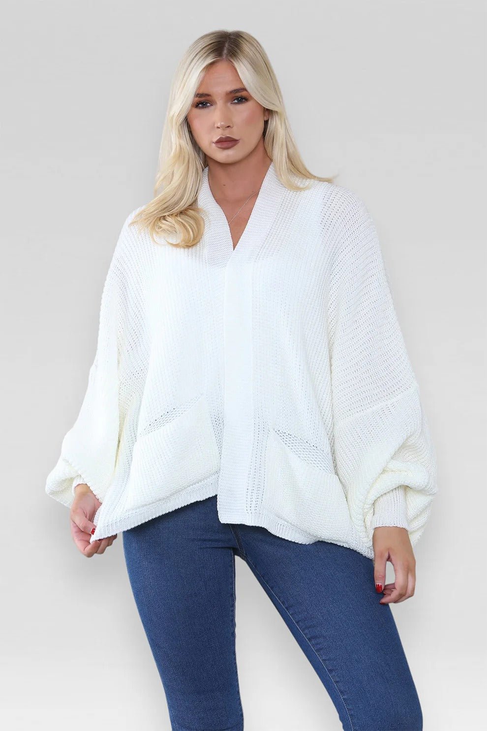 Women's Oversized Cropped Balloon Sleeve Chunky Knitted Cardigan with Pockets - Remzs Fashion