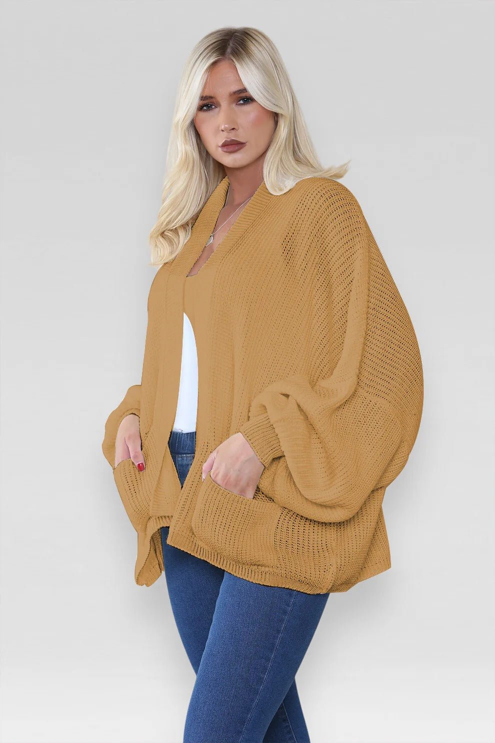 Women's Oversized Cropped Balloon Sleeve Chunky Knitted Cardigan with Pockets - Remzs Fashion