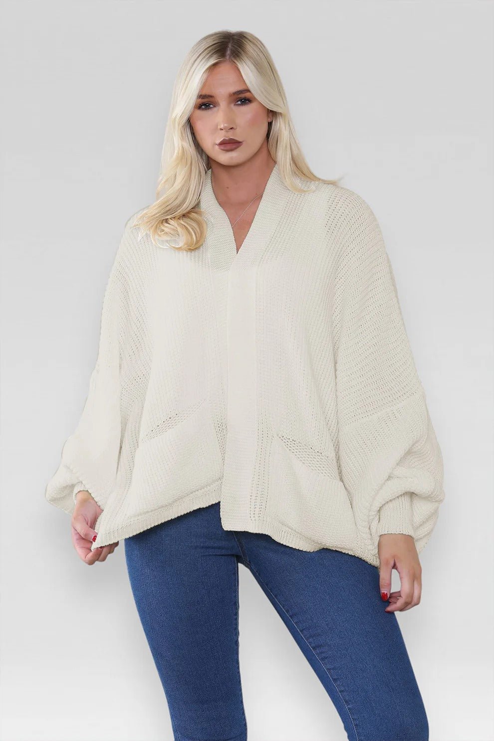 Women's Oversized Cropped Balloon Sleeve Chunky Knitted Cardigan with Pockets - Remzs Fashion