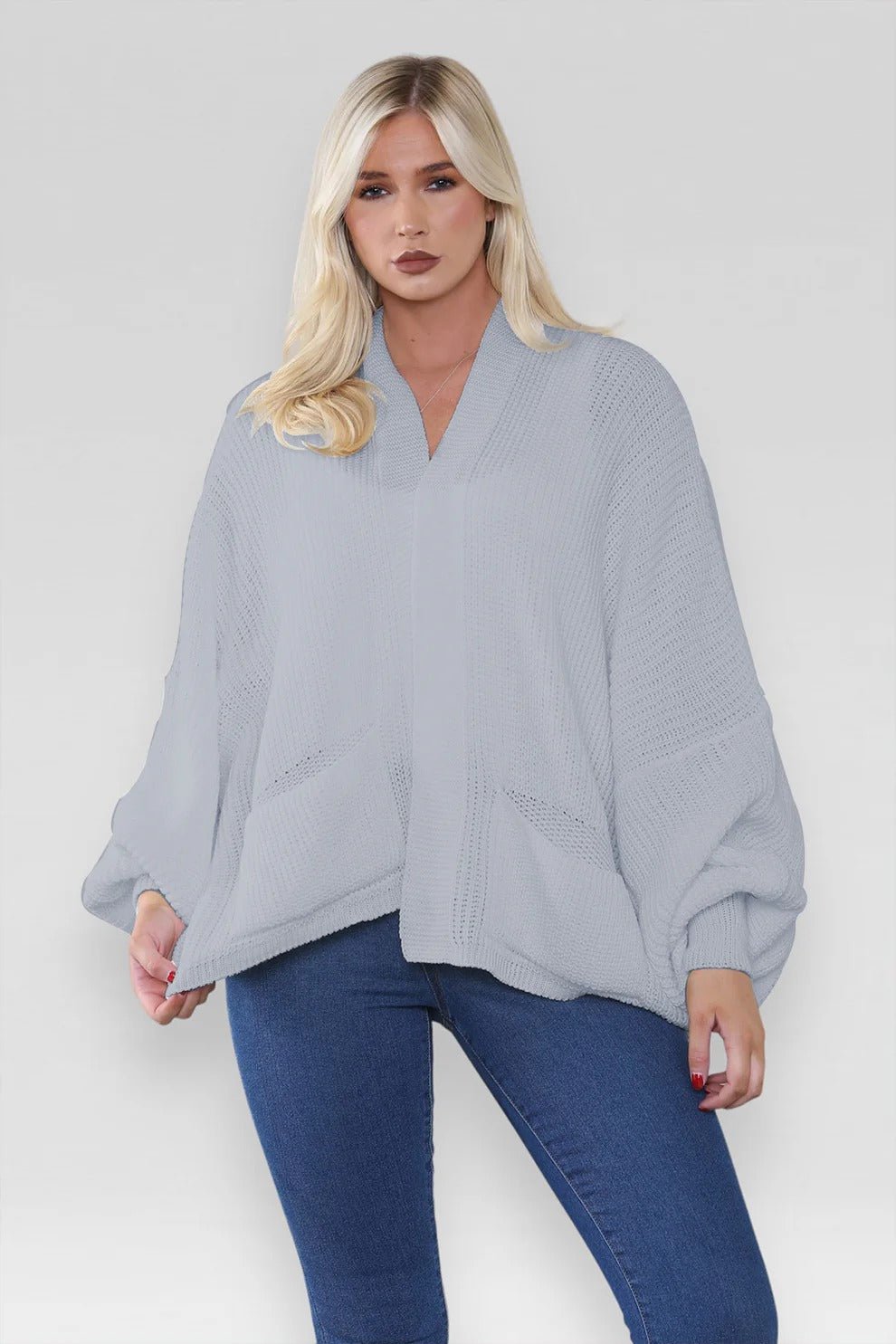 Women's Oversized Cropped Balloon Sleeve Chunky Knitted Cardigan with Pockets - Remzs Fashion