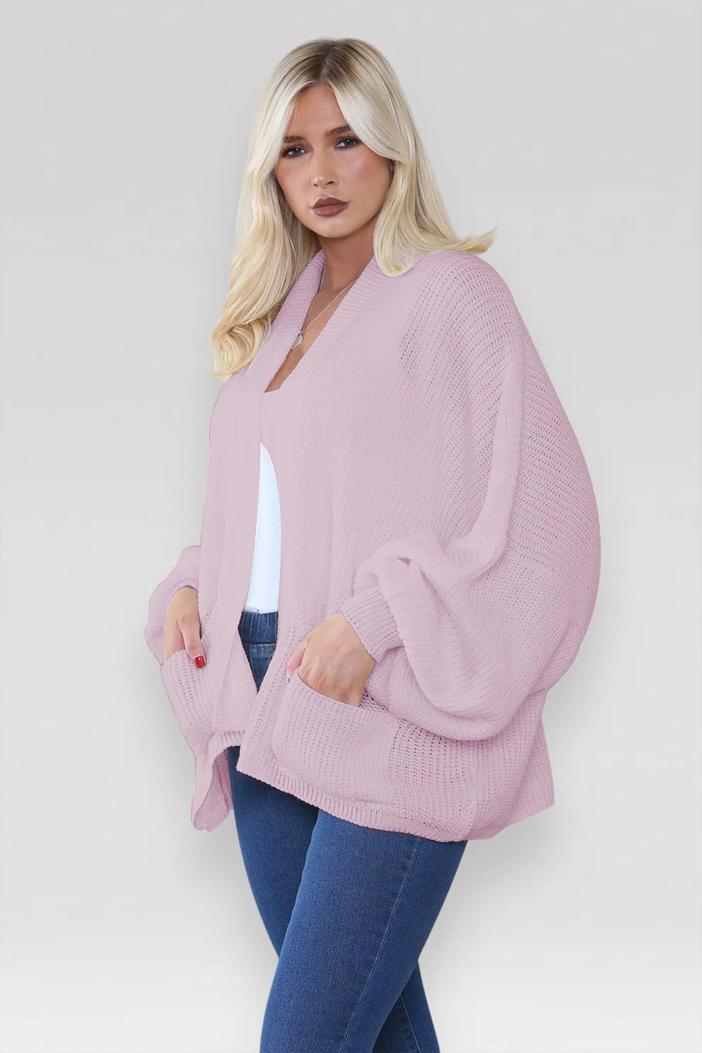 Women's Oversized Cropped Balloon Sleeve Chunky Knitted Cardigan with Pockets - Remzs Fashion