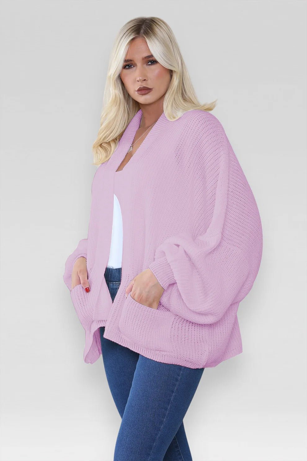 Women's Oversized Cropped Balloon Sleeve Chunky Knitted Cardigan with Pockets - Remzs Fashion