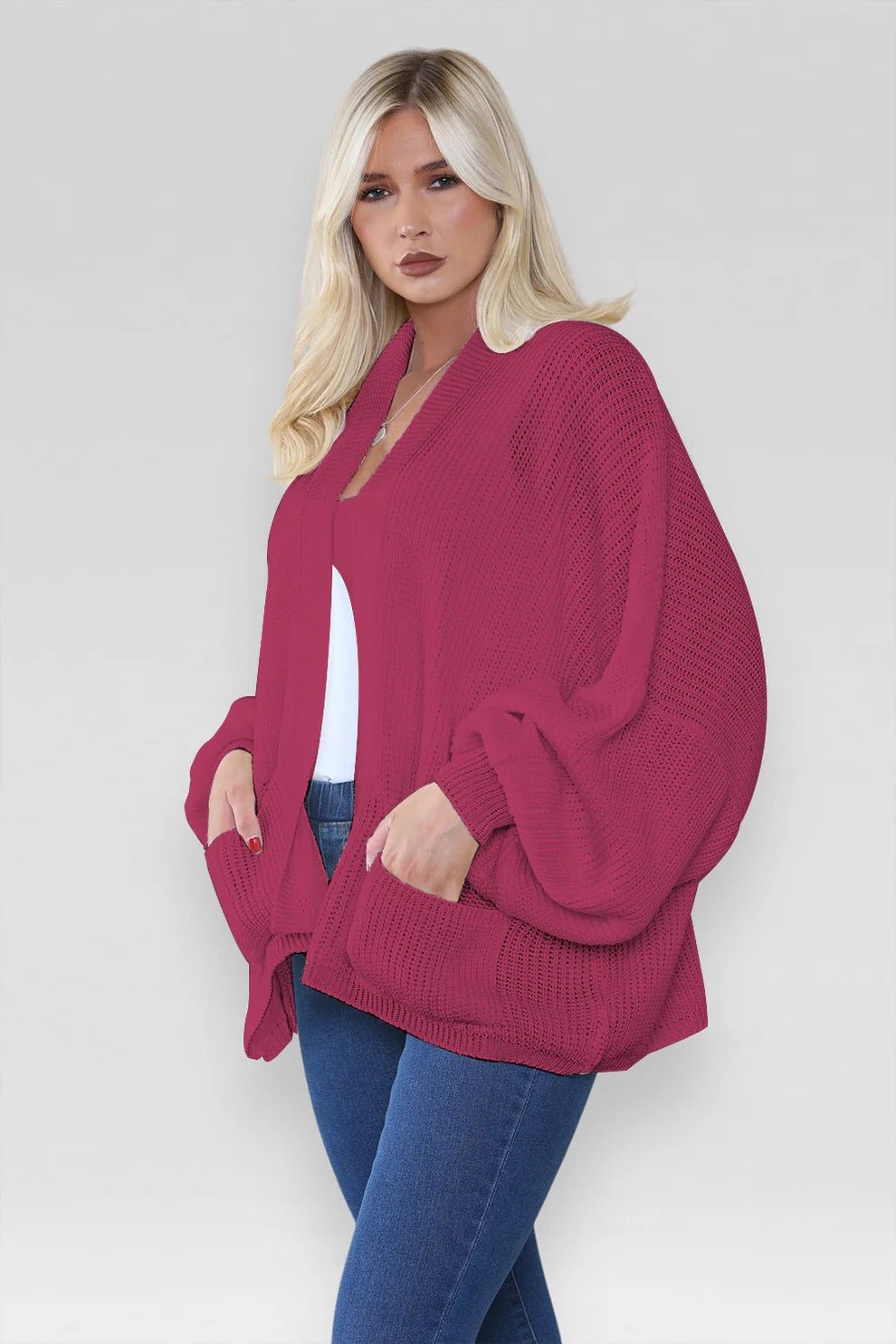 Women's Oversized Cropped Balloon Sleeve Chunky Knitted Cardigan with Pockets - Remzs Fashion
