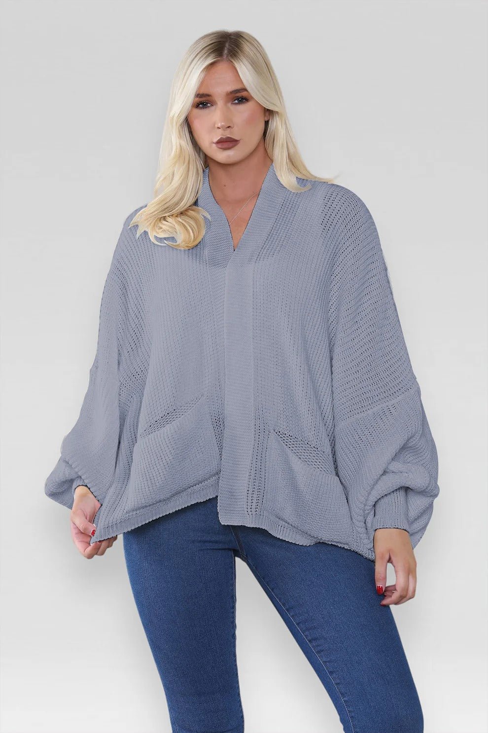 Women's Oversized Cropped Balloon Sleeve Chunky Knitted Cardigan with Pockets - Remzs Fashion