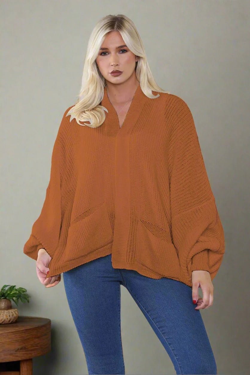 Women's Oversized Cropped Balloon Sleeve Chunky Knitted Cardigan with Pockets - Remzs Fashion