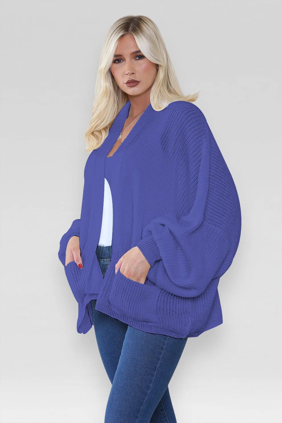 Women's Oversized Cropped Balloon Sleeve Chunky Knitted Cardigan with Pockets - Remzs Fashion
