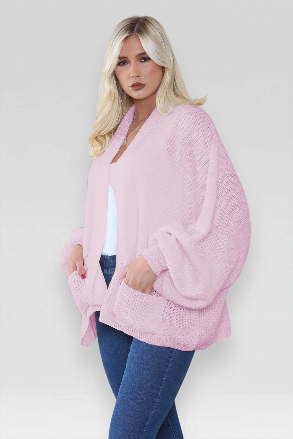 Women's Oversized Cropped Balloon Sleeve Chunky Knitted Cardigan with Pockets - Remzs Fashion