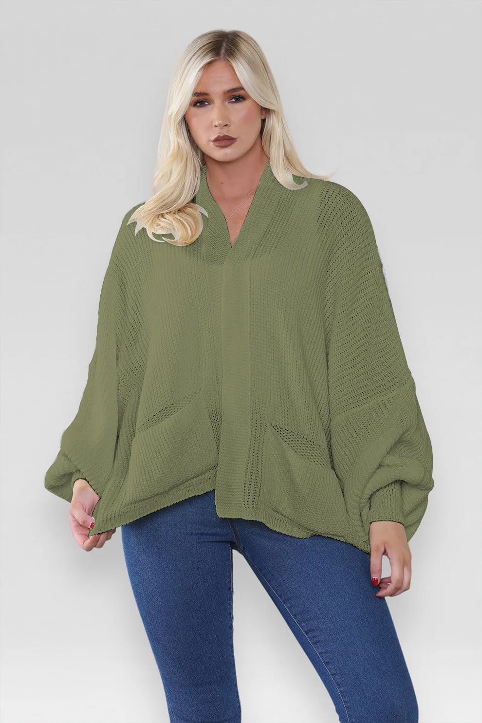 Women's Oversized Cropped Balloon Sleeve Chunky Knitted Cardigan with Pockets - Remzs Fashion