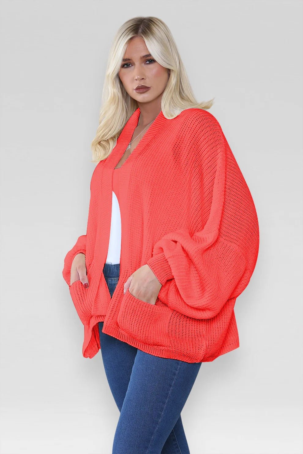 Women's Oversized Cropped Balloon Sleeve Chunky Knitted Cardigan with Pockets - Remzs Fashion
