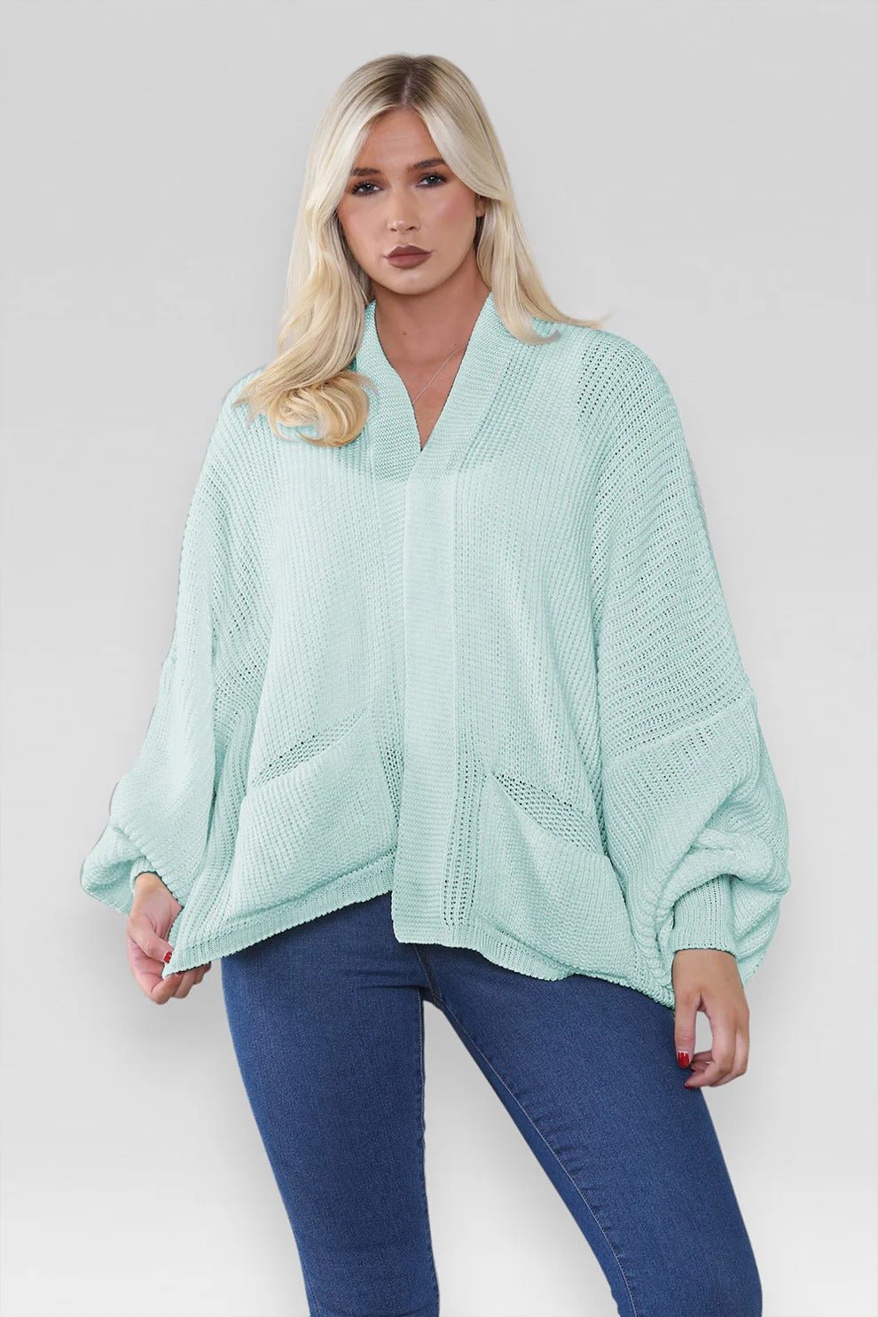 Women's Oversized Cropped Balloon Sleeve Chunky Knitted Cardigan with Pockets - Remzs Fashion