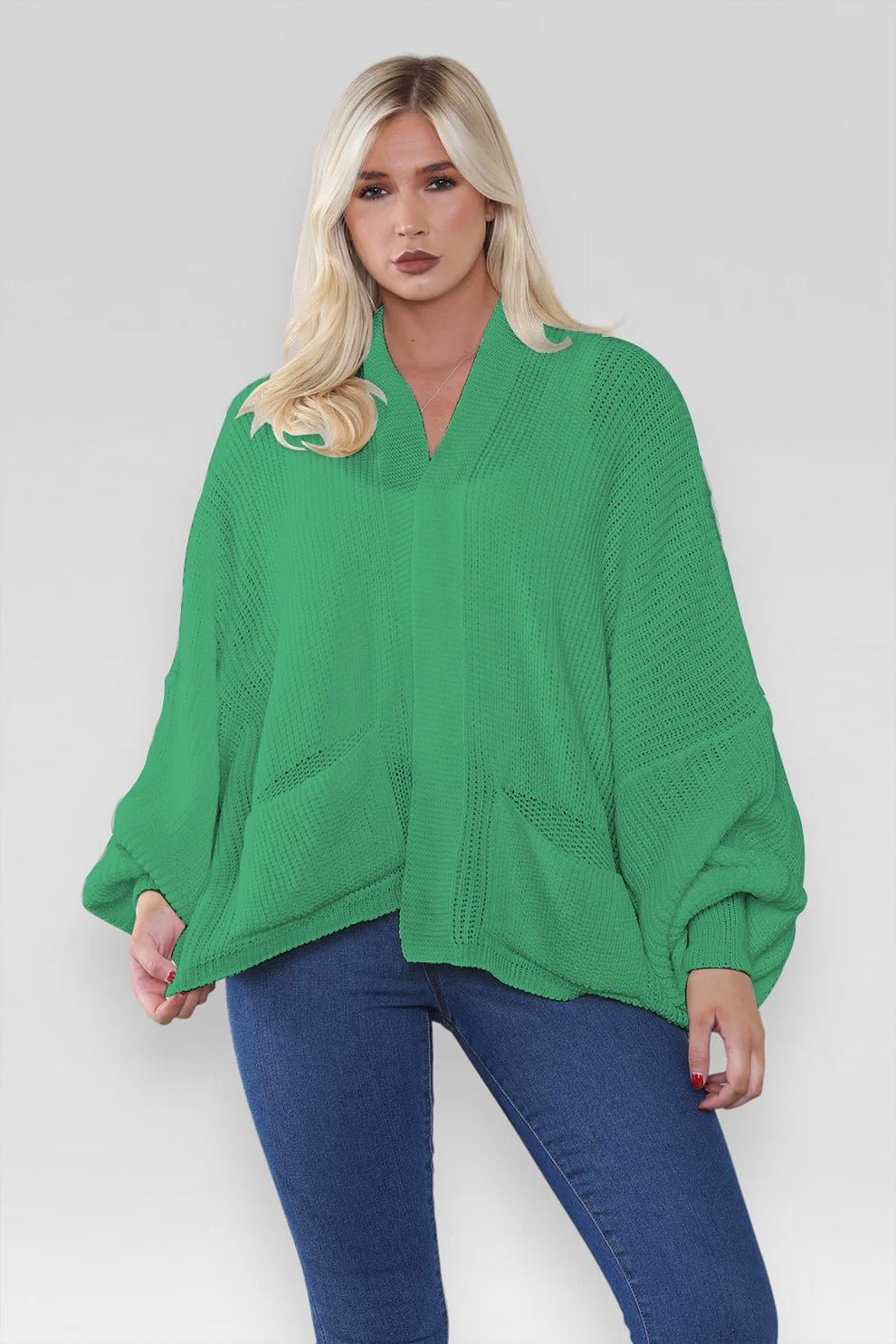 Women's Oversized Cropped Balloon Sleeve Chunky Knitted Cardigan with Pockets - Remzs Fashion