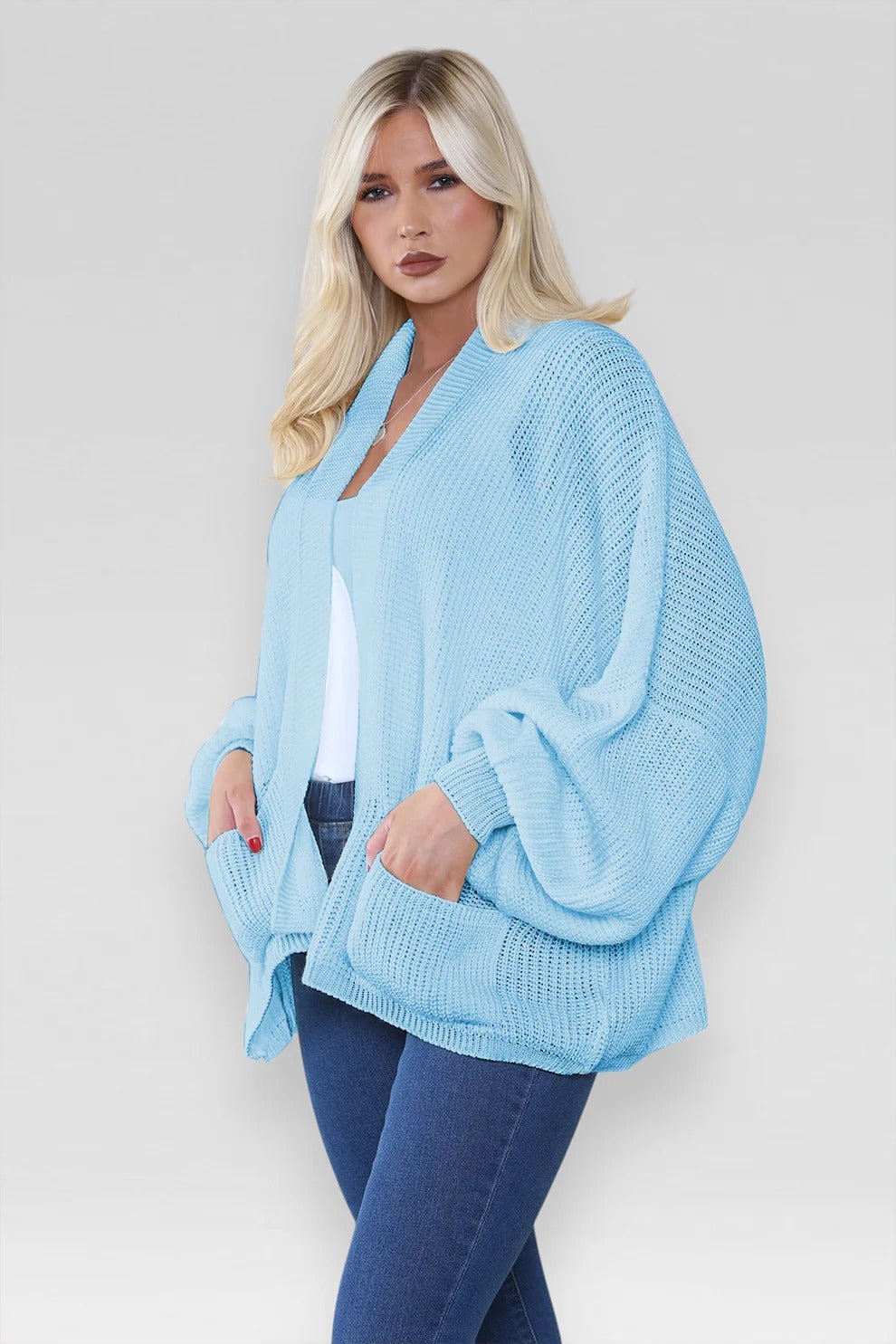 Women's Oversized Cropped Balloon Sleeve Chunky Knitted Cardigan with Pockets - Remzs Fashion