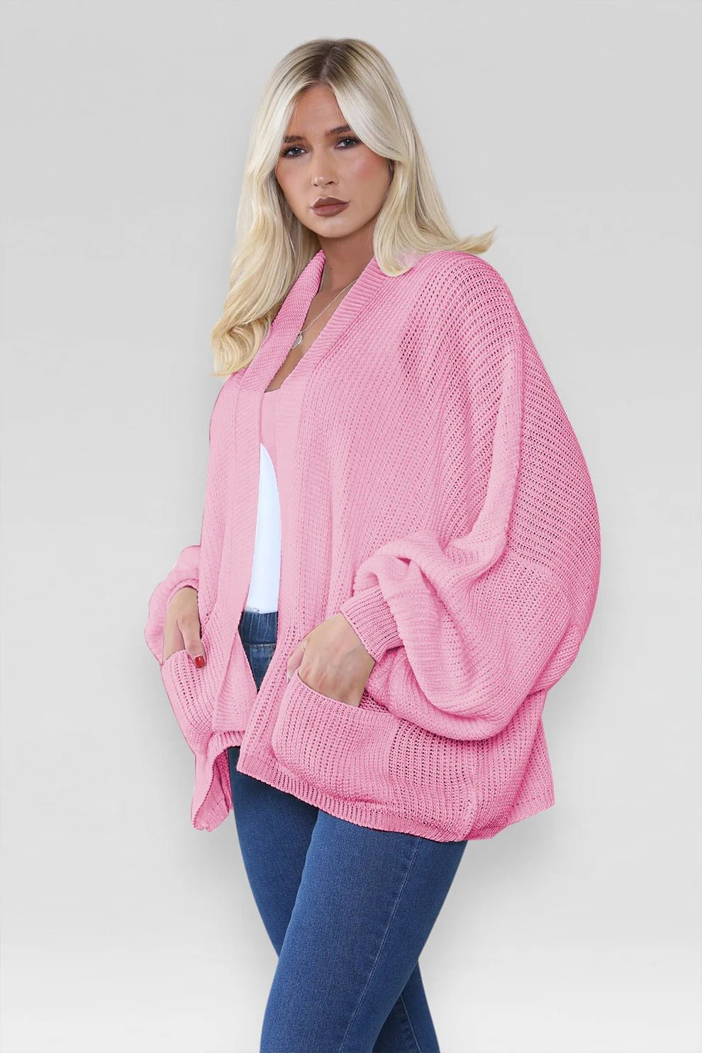 Women's Oversized Cropped Balloon Sleeve Chunky Knitted Cardigan with Pockets - Remzs Fashion