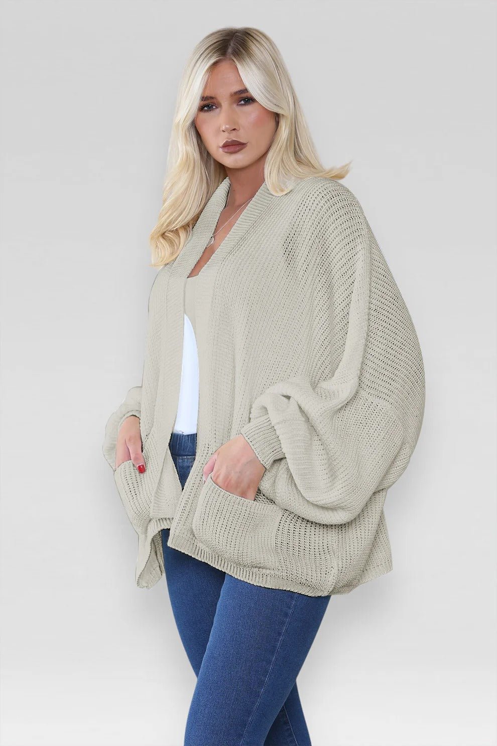 Women's Oversized Cropped Balloon Sleeve Chunky Knitted Cardigan with Pockets - Remzs Fashion
