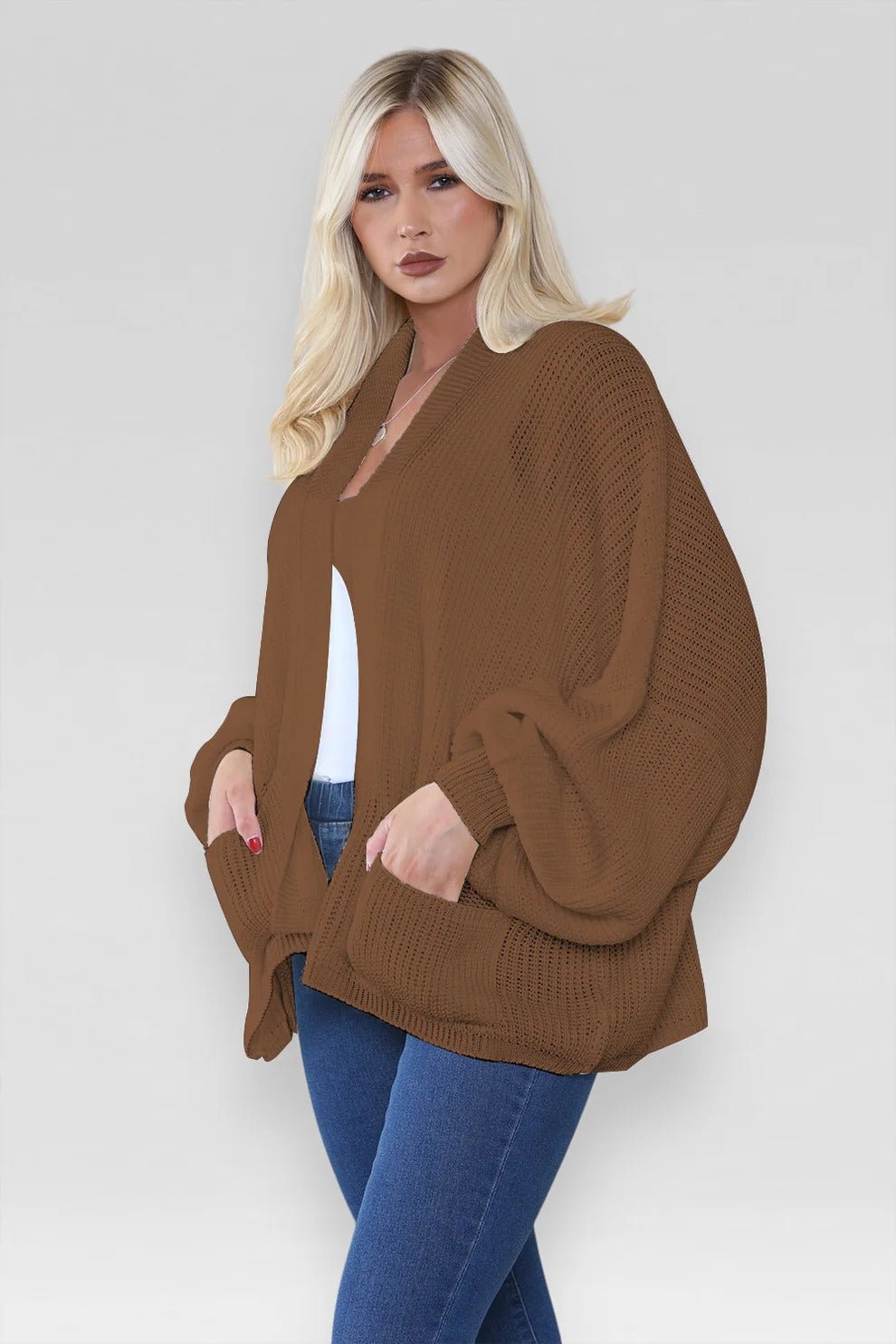 Women's Oversized Cropped Balloon Sleeve Chunky Knitted Cardigan with Pockets - Remzs Fashion