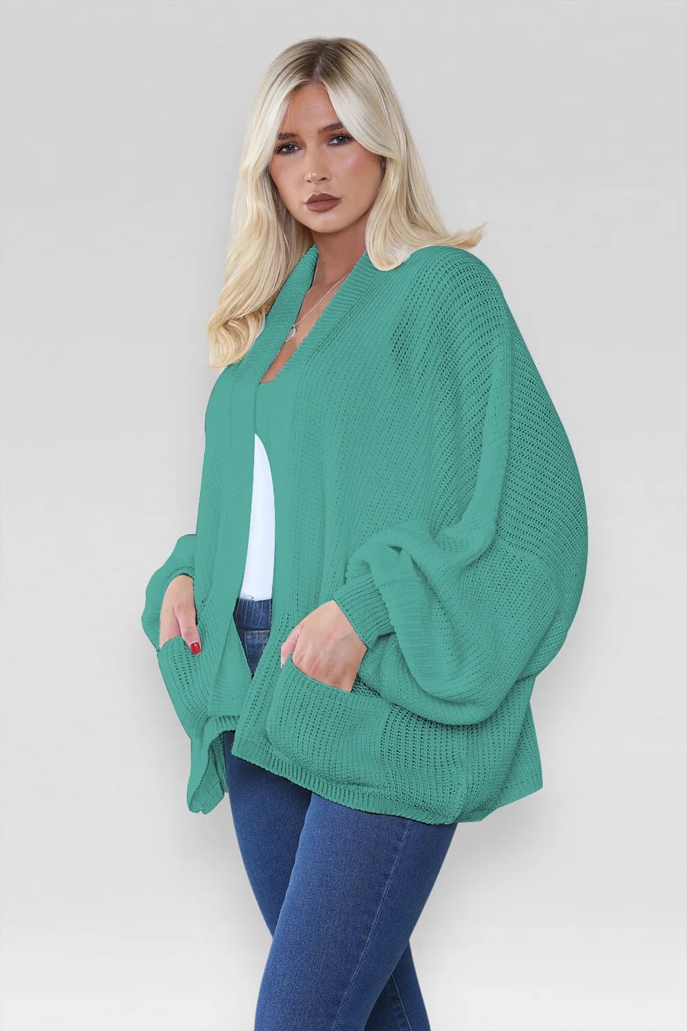 Women's Oversized Cropped Balloon Sleeve Chunky Knitted Cardigan with Pockets - Remzs Fashion