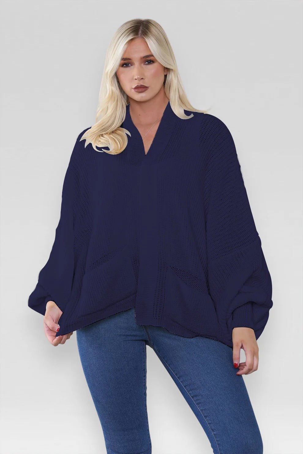 Women's Oversized Cropped Balloon Sleeve Chunky Knitted Cardigan with Pockets - Remzs Fashion