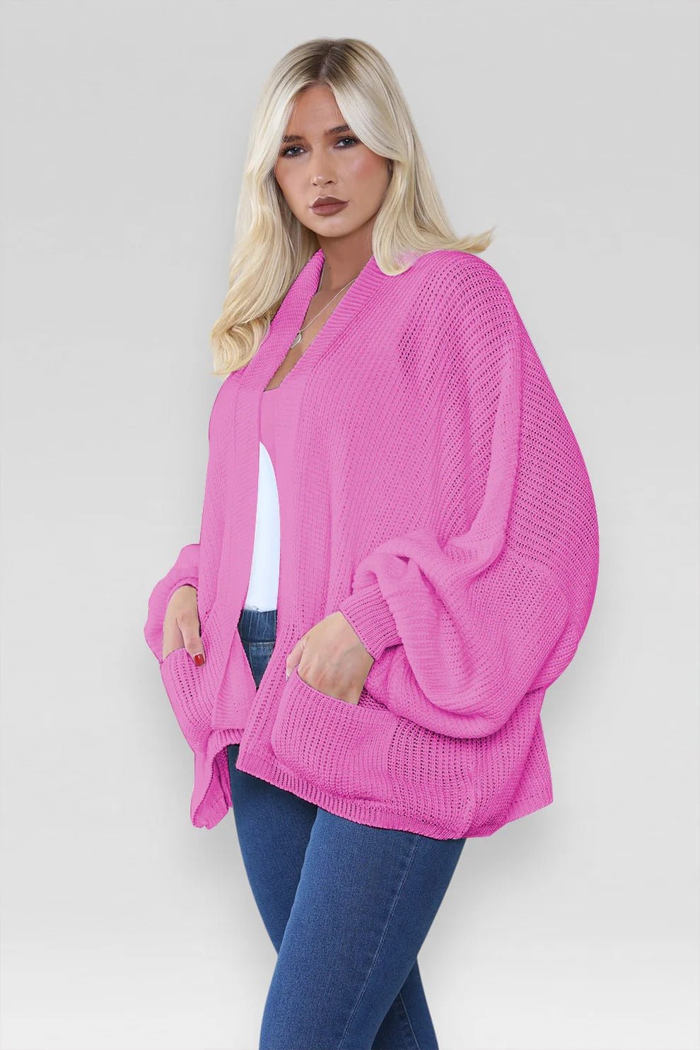 Women's Oversized Cropped Balloon Sleeve Chunky Knitted Cardigan with Pockets - Remzs Fashion