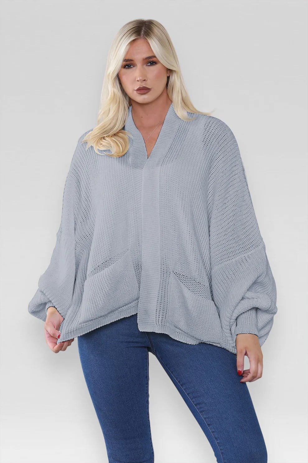 Women's Oversized Cropped Balloon Sleeve Chunky Knitted Cardigan with Pockets - Remzs Fashion