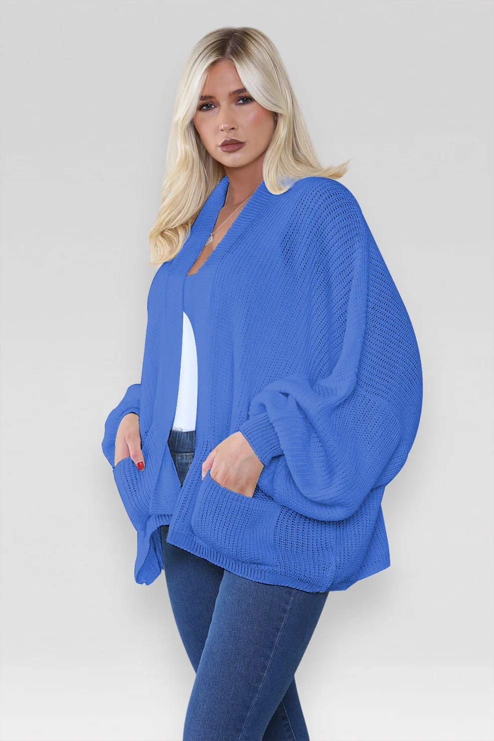 Women's Oversized Cropped Balloon Sleeve Chunky Knitted Cardigan with Pockets - Remzs Fashion