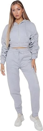 Women's Ruched Sleeve Tracksuit Full Zip Hoodie Top Bottoms Joggers Trousers 2 - Piece Loungewear Set, Size XS - L - Remzs Fashion
