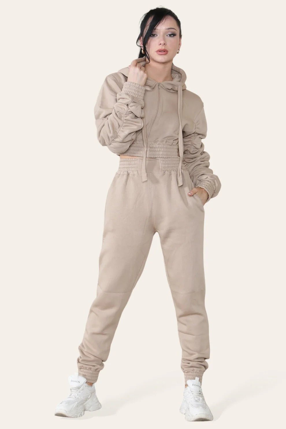 Women's Ruched Sleeve Tracksuit Full Zip Hoodie Top Bottoms Joggers Trousers 2 - Piece Loungewear Set, Size XS - L - Remzs Fashion