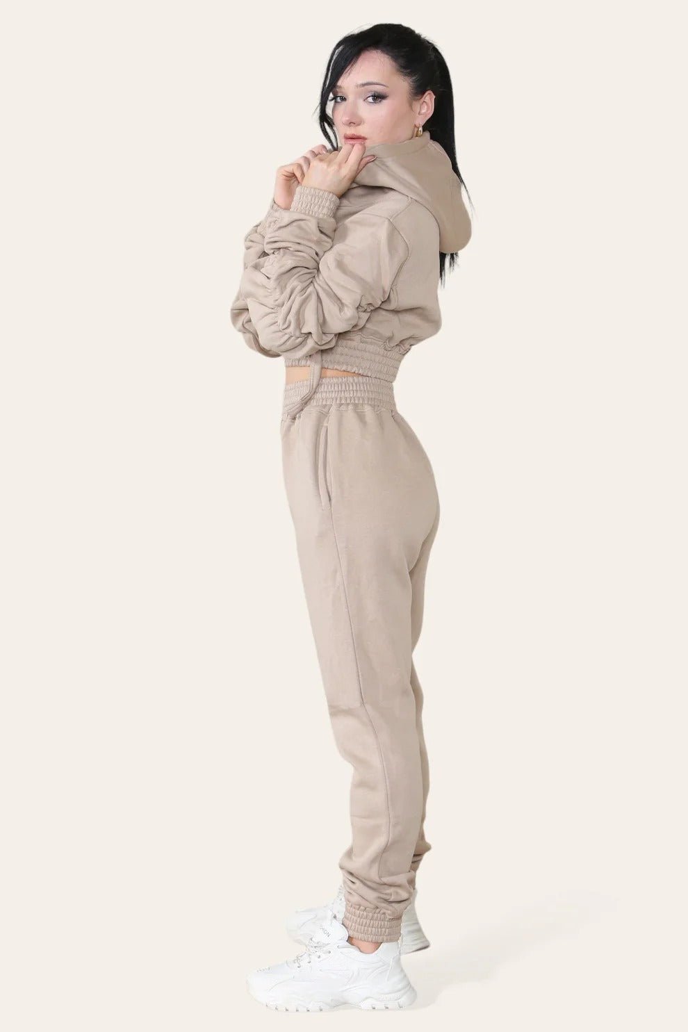 Women's Ruched Sleeve Tracksuit Full Zip Hoodie Top Bottoms Joggers Trousers 2 - Piece Loungewear Set, Size XS - L - Remzs Fashion