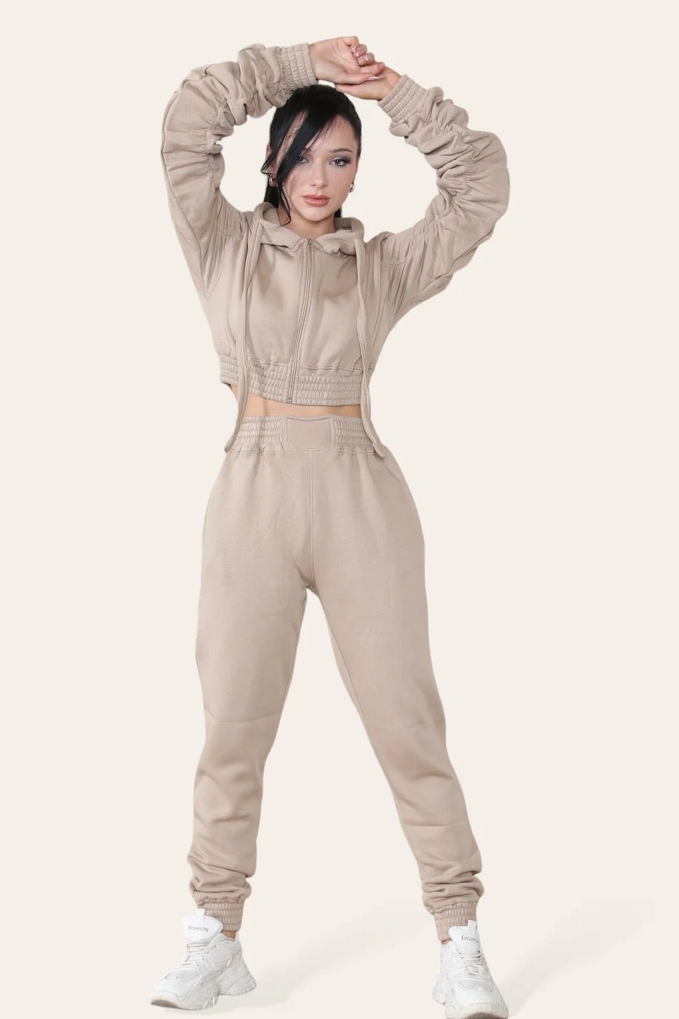 Women's Ruched Sleeve Tracksuit Full Zip Hoodie Top Bottoms Joggers Trousers 2 - Piece Loungewear Set, Size XS - L - Remzs Fashion