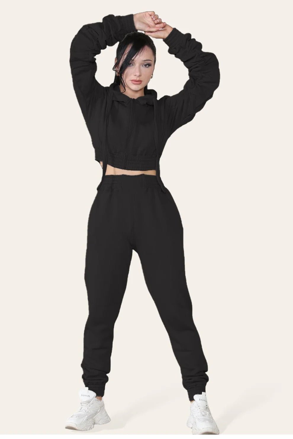 Women's Ruched Sleeve Tracksuit Full Zip Hoodie Top Bottoms Joggers Trousers 2 - Piece Loungewear Set, Size XS - L - Remzs Fashion