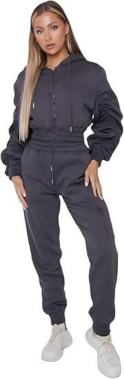 Women's Ruched Sleeve Tracksuit Full Zip Hoodie Top Bottoms Joggers Trousers 2 - Piece Loungewear Set, Size XS - L - Remzs Fashion
