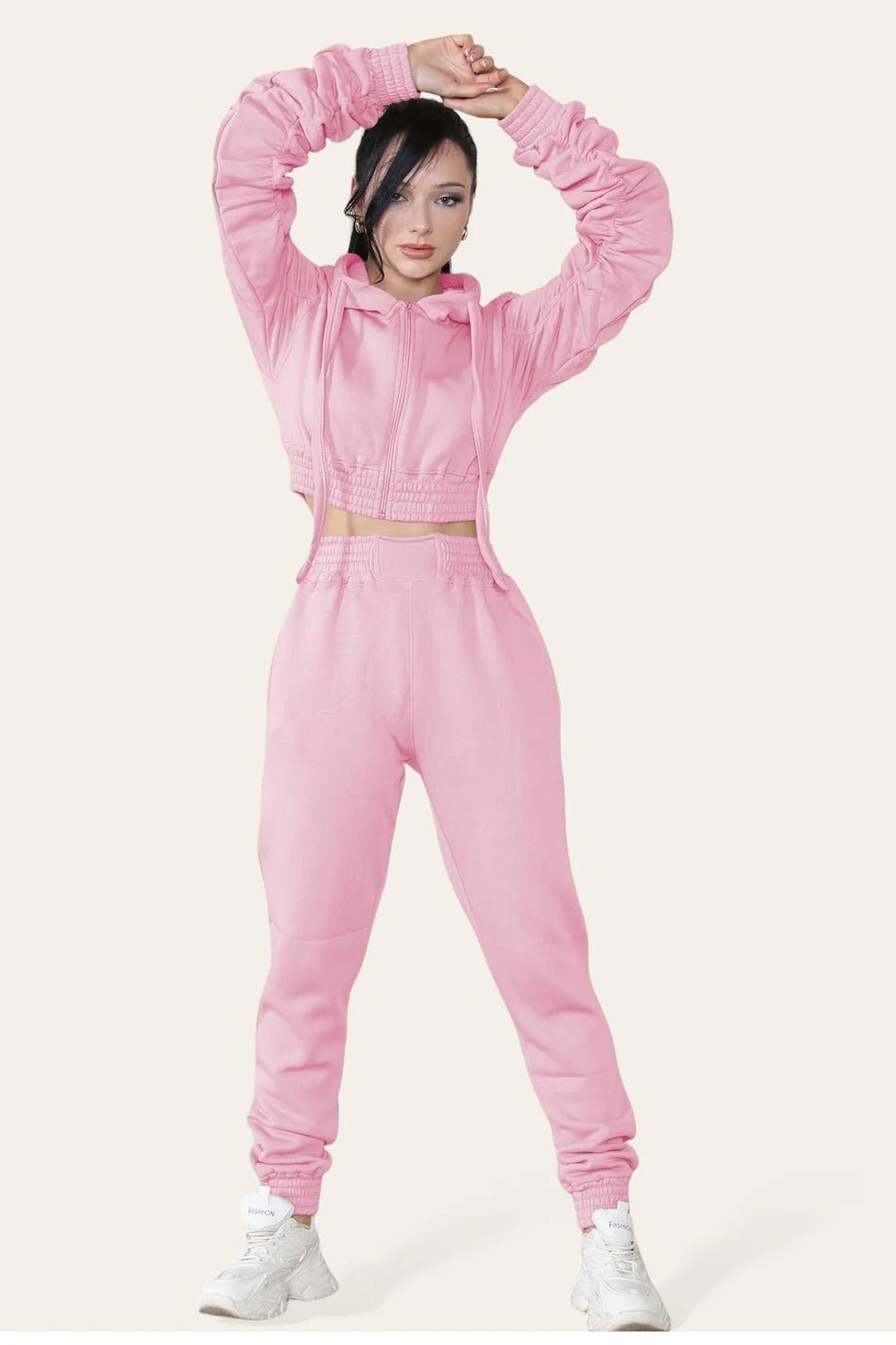 Women's Ruched Sleeve Tracksuit Full Zip Hoodie Top Bottoms Joggers Trousers 2 - Piece Loungewear Set, Size XS - L - Remzs Fashion