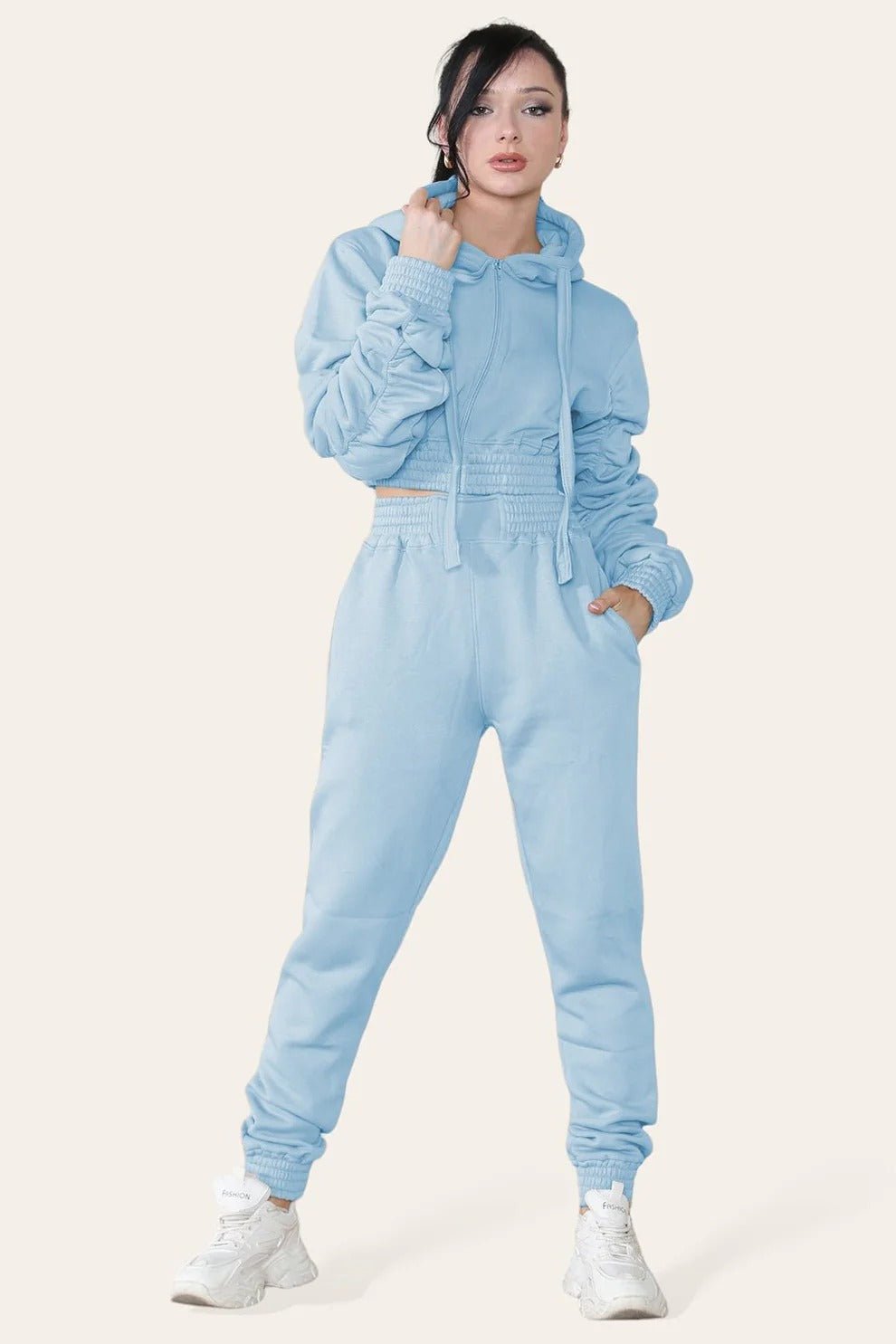Women's Ruched Sleeve Tracksuit Full Zip Hoodie Top Bottoms Joggers Trousers 2 - Piece Loungewear Set, Size XS - L - Remzs Fashion