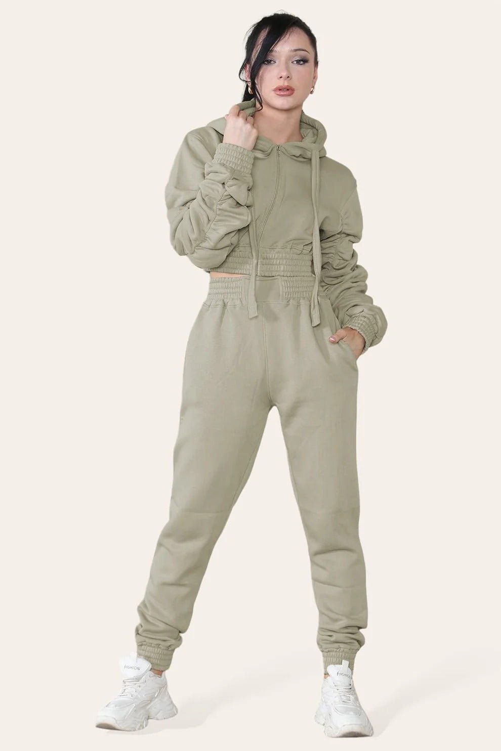 Women's Ruched Sleeve Tracksuit Full Zip Hoodie Top Bottoms Joggers Trousers 2 - Piece Loungewear Set, Size XS - L - Remzs Fashion